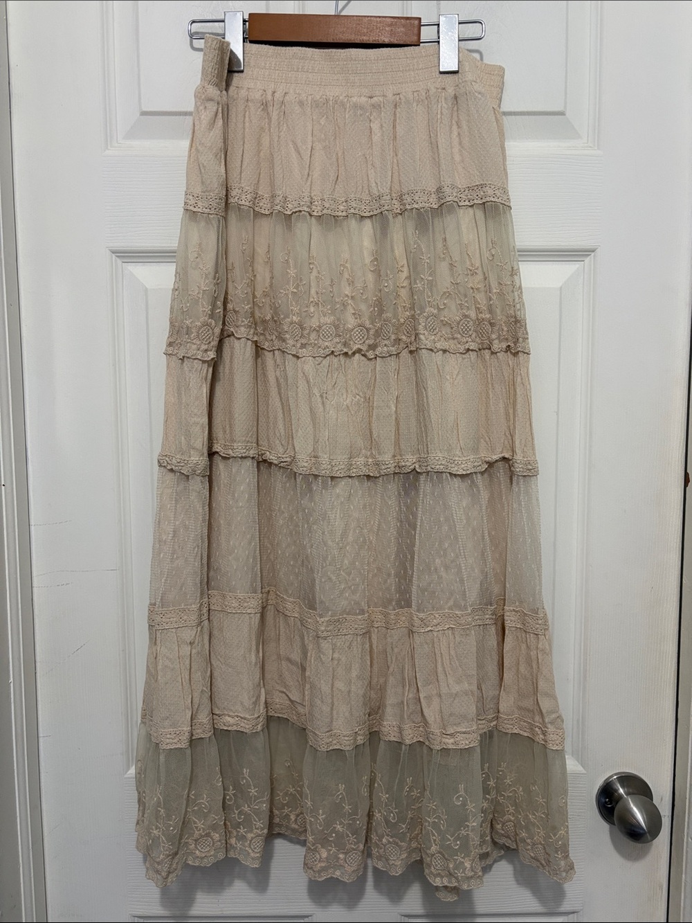 Lapis Boho Romantic Peasant Tiered Lace Embroidered Maxi Skirt